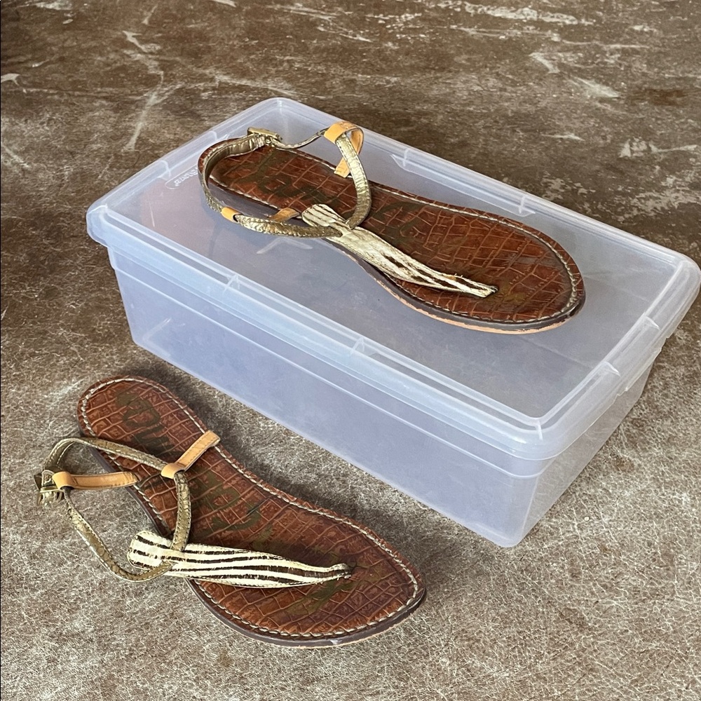 Sam Elderman Brown and Gold Sandals. Cow hide material